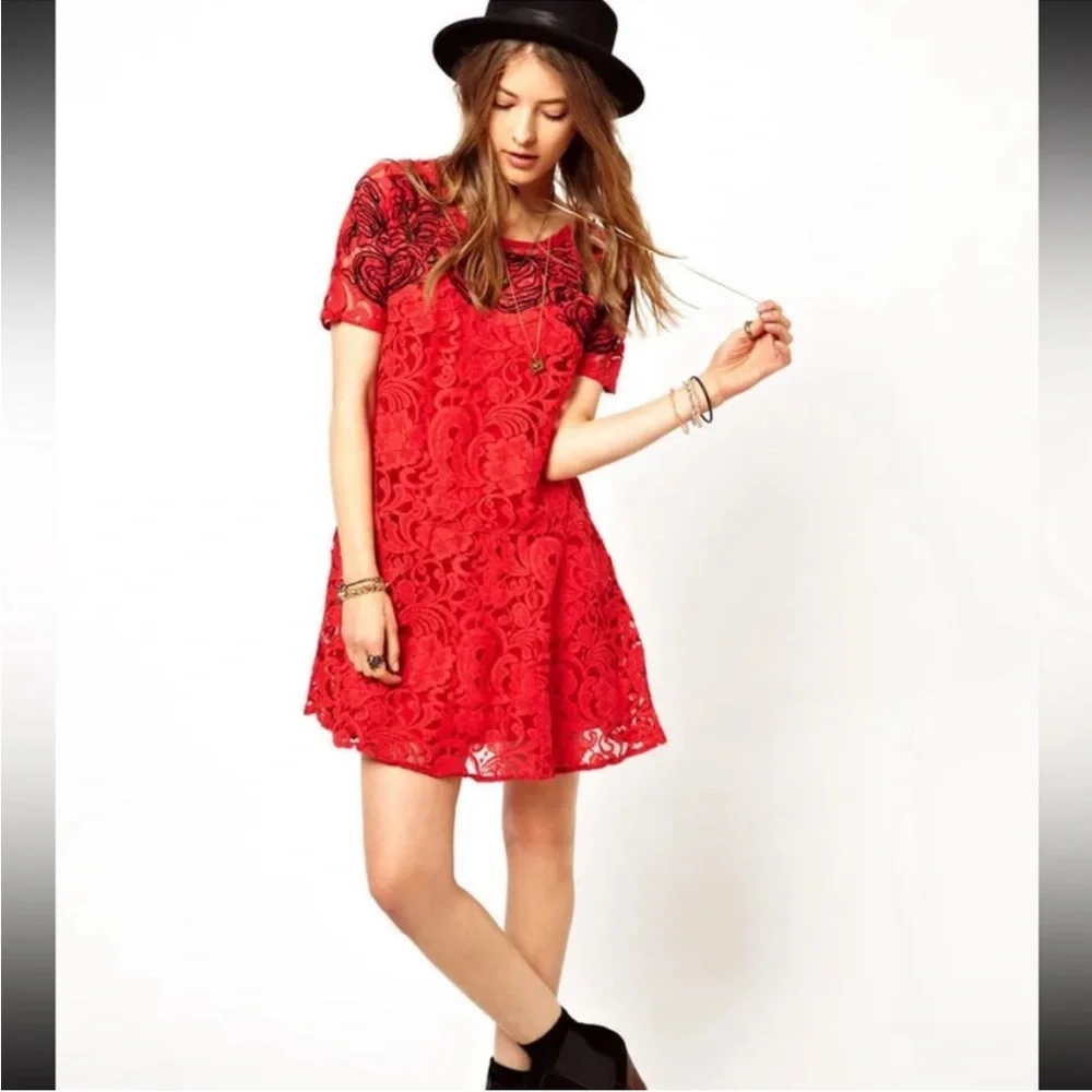 Free People‎ Lace Dreamer Dress Red black Embroidered Boho short sleeve